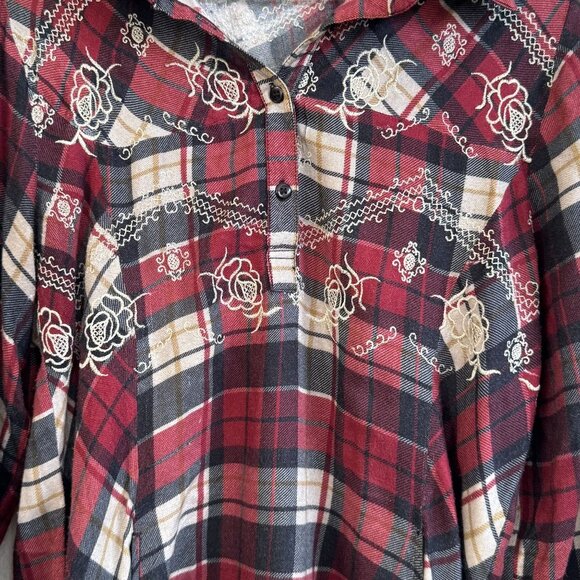 Montana Co. Womens Embroidered Plaid Tunic Shirt Medium Red/Black Cotton Blend - Picture 4 of 7